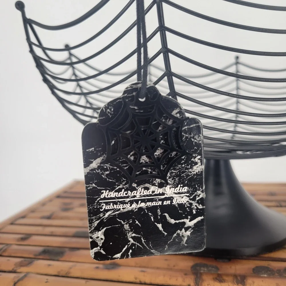 Black Metal Spider Web Pedestal Bowl Halloween Gothic Decor Handcrafted 12in
